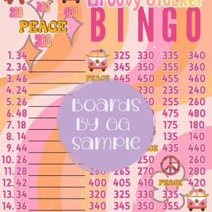 May include: A colorful "Groovy Stacker Bingo" game board with a retro theme. The design includes images of roller skates, peace signs, and a flower-adorned van. The board features numbers and the text "Boards by GG sample".