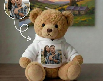 Oso de peluche personalizado con camiseta con foto personalizada, recuerdo de peluche para parejas, familias y niños.