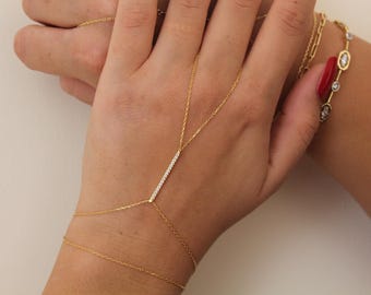 925 Sterling Silver Hand Chain Bracelet with Sparkling CZ Bar, Minimal Gold Plated Slave Bracelet for Women Elegant Daily Jewelry Gift