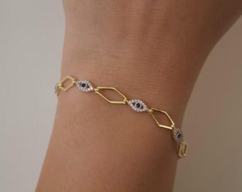 邪眼ブレスレット ゴールド、925シルバー ハンドメイド 守護ジュエリー
