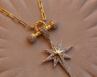 Sterling Silver Gold Plated Thick Chain North Star Pendant Necklace,CZ Jewelry