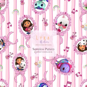 May include: Seamless pattern with pink and white stripes, featuring framed cartoon characters, musical notes, guitars, and bows. The text "LYKA Atelier" and "Seamless Pattern - INSTANT DOWNLOAD" are also visible.
