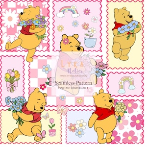 Può includere: Un motivo senza cuciture con orsetti dei cartoni animati che tengono bouquet di fiori, arcobaleni e composizioni floreali. Il design include il testo "LYKA Atelier" e "Seamless Pattern - Instant Download" su uno sfondo rosa e pastello.