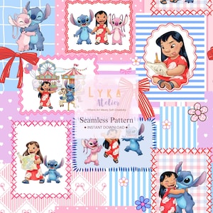 Puede incluir: Un patrón sin costuras con los personajes de dibujos animados Stitch y Lilo. El diseño incluye cuadrados rosas, azules y blancos con ilustraciones de los personajes, un carrusel y el texto "Seamless Pattern" y "Instant Download."