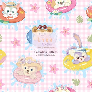 Puede incluir: Patrón sin costuras con personajes de dibujos animados en flotadores, sobre un fondo de cuadros rosas con salpicaduras de agua y flores. El texto "Seamless Pattern - INSTANT DOWNLOAD" es visible.