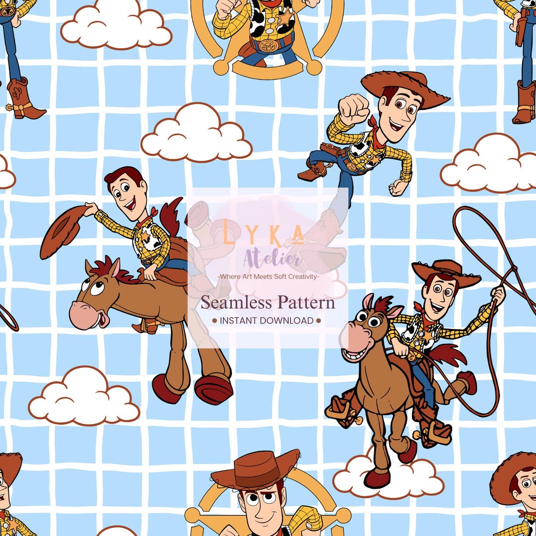 Western Rodeo Pattern Cowboy Seamless Pattern, Western Rodeo Kids Fabric, Blue Grid Wallpaper ...