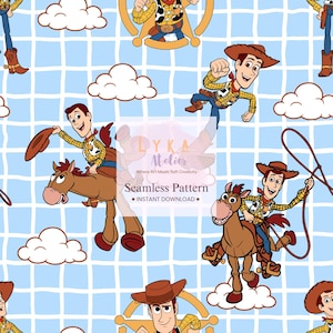 May include: Seamless pattern featuring the character Woody from Toy Story, set against a light blue grid background with white clouds. Woody is depicted in various action poses, wearing his signature cowboy hat and outfit.
