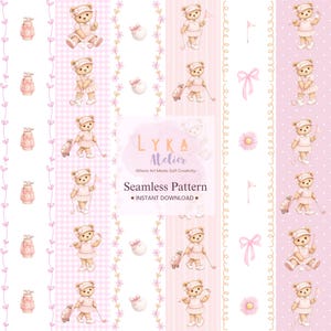 Golf Teddy Bear Seamless Pattern, Pink Gingham Stripe, Nursery Fabric (Digital Download)