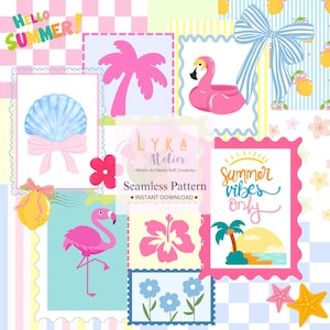 May include: A colorful seamless pattern featuring summer-themed illustrations. The design includes pink flamingos, palm trees, seashells, and the text "Hello Summer!" and "Summer vibes only." The pattern is set against a pastel background.