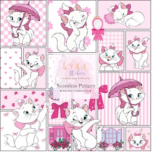 Puede incluir: Un patrón sin costuras con un gato de dibujos animados blanco con un lazo rosa, un paraguas y acentos. El diseño incluye varias poses del gato sobre un fondo rosa y blanco. El texto dice "LYKA Atelier" y "Seamless Pattern - INSTANT DOWNLOAD."
