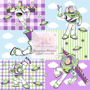 May include: A seamless pattern design featuring Buzz Lightyear from Toy Story in various poses. The background includes planets, stars, and clouds, with a colour palette of green, purple, and white.