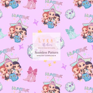May include: A seamless pattern on a light purple background. The design features cartoon figures of girls, blue cats, pink cowboy boots, disco balls, stars, and bows. The text "HUNTRK" and "LYKA Atelier" are also present.