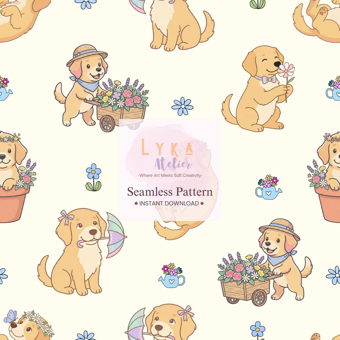 Dog Seamless Pattern, Golden Retriever Puppy Florals, Nursery Fabric ...