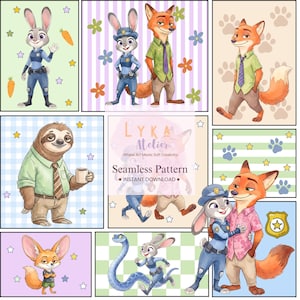 May include: A seamless pattern design featuring cartoon characters, including a rabbit police officer, a fox, and a sloth. The design includes the text "LYKA Atelier Seamless Pattern INSTANT DOWNLOAD."