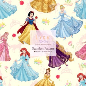 May include: Seamless pattern featuring illustrations of various fairytale princesses in their iconic gowns. The design includes Snow White, Cinderella, Ariel, and others, with floral and crown accents on a light yellow background. The text "Seamless Pattern" is also included.