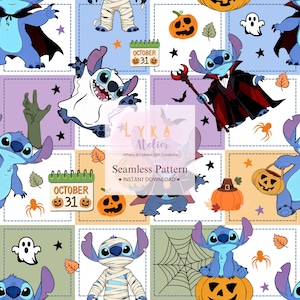 May include: A seamless pattern featuring blue alien characters in various Halloween costumes including a vampire, a mummy, and a ghost. The design includes pumpkins, spiders, bats, and calendar pages marked October 31 on a grid of light blue and orange squares.