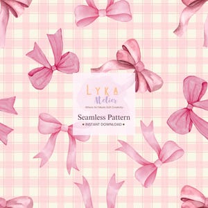 May include: A seamless pattern featuring watercolor-style pink bows scattered across a light pink and cream plaid background. The bows vary in size and orientation, creating a delicate and feminine design. The text "LYKA Atelier" and "Seamless Pattern" are also visible.
