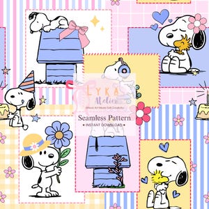 Może przedstawiać: Bezszwowy wzór z Snoopy w różnych pozach, na tle patchworku w pastelowych kolorach. Snoopy jest przedstawiony z kwiatami, czapkami imprezowymi i budą. Wzór zawiera tekst "Seamless Pattern" i "Instant Download."