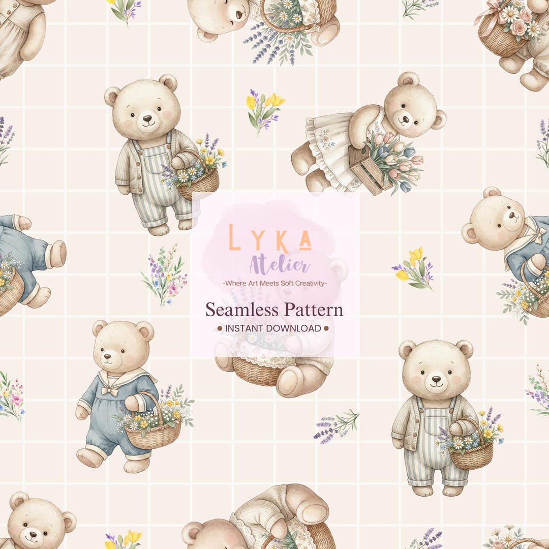 Baby Teddy Bear Seamless Pattern, Storybook Nursery Digital Paper, Soft ...