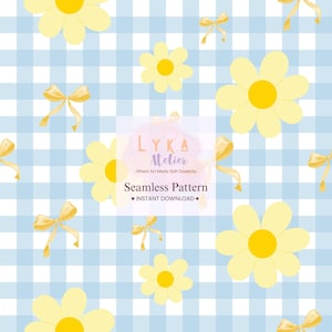 May include: A seamless pattern design featuring yellow flowers and bows scattered across a light blue and white checkered background. The design includes the text "LYKA Atelier" and "Seamless Pattern - INSTANT DOWNLOAD."