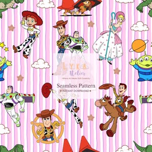Zabawka z kreskówkowym, różowym, bezszwowym wzorem, postacie kowbojów z kosmosu, dziecięca tapeta materiałowa (do pobrania w wersji cyfrowej)