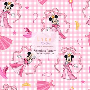 May include: A seamless pattern featuring Minnie Mouse in a pink princess dress, crown, and bow. The design includes pink dresses, shoes, stars, necklaces, and a magic wand on a pink and white checkered background. The text "Seamless Pattern" is also visible.