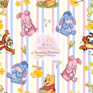 Puede incluir: Patrón sin costuras con personajes de Winnie the Pooh, incluyendo Piglet, Eeyore y Tigger, sobre un fondo a rayas. El diseño incluye botes de miel, flores y el texto "LYKA Atelier" y "Seamless Pattern".