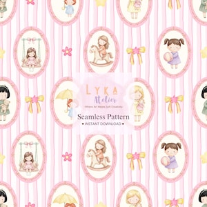May include: Seamless pattern featuring watercolor illustrations of little girls in oval frames, with pink and white striped background. The girls are depicted with toys, bows, and stars. The text "LYKA Atelier" and "Seamless Pattern" are also visible.