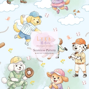 Diseño sin costuras de cachorros beisboleros, tela para habitación infantil con temática de perros, papel tapiz infantil (descarga digital)