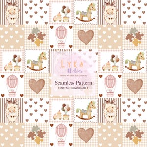 Beige Nursery Seamless Pattern, Teddy Bear Patchwork, Baby Repeating Background (Digital Download)