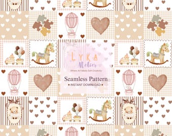 May include: A seamless pattern featuring a patchwork design with various baby-themed illustrations. The pattern includes images of a rocking horse, hot air balloon, sheep, train, puzzle pieces, and hearts in soft pastel colors. The text "LYKA Atelier" and "Seamless Pattern" are also visible.