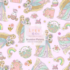 Peut inclure: Motif sans couture avec une princesse aux longs cheveux blonds, des fleurs, des œufs de Pâques, des lapins et des arcs-en-ciel sur fond rose. Le motif comprend le texte "Seamless Pattern" et "Instant Download".