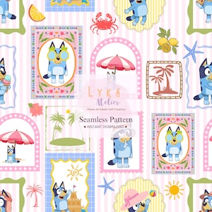 May include: A seamless pattern with cartoon characters in beach settings. The design includes framed images of a blue dog wearing sunglasses, palm trees, suns, and beach umbrellas. The background has pink and white stripes.