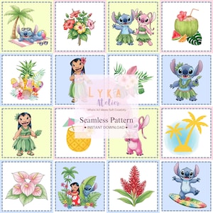 May include: A seamless pattern featuring watercolor illustrations of Stitch, Lilo, and tropical elements. The design includes Stitch on a beach, Lilo in a hula skirt, and various flowers and fruits. The text "Seamless Pattern" is also included.