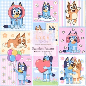 Puede incluir: Un patrón sin costuras con perros de dibujos animados en varias poses y entornos. El diseño incluye perros con diferentes expresiones, sosteniendo globos y abrazándose. El fondo tiene patrones florales y de rayas, con el texto "Seamless Pattern - INSTANT DOWNLOAD."