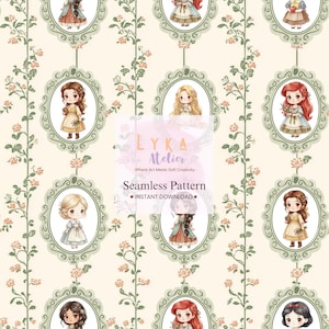 May include: A seamless pattern featuring cartoon illustrations of princesses in oval frames, with floral accents on a cream background. The text "LYKA Atelier" and "Seamless Pattern" are also visible.