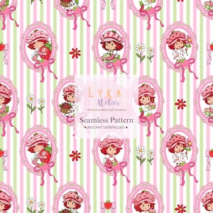 Strawberry Girl Seamless Pattern, Pink Green Stripe Coquette, Nursery Fabric Wallpaper (Digital Download)