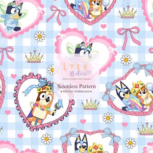 May include: Seamless pattern featuring cartoon characters in heart-shaped frames with bows, crowns, and daisies on a light blue gingham background. The text "Seamless Pattern - INSTANT DOWNLOAD" is also visible.