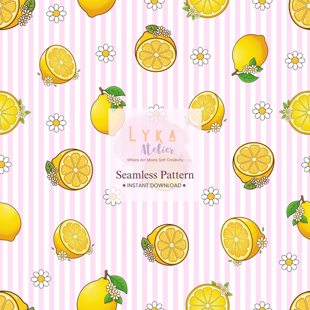 Lemon Pink Seamless Pattern, Citrus Daisy Stripe, Summer Fabric ...