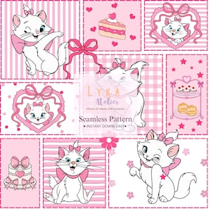 Rosa kattunge rosett sömlöst mönster, gingham kokett katt, barnrumstapet (digital nedladdning)