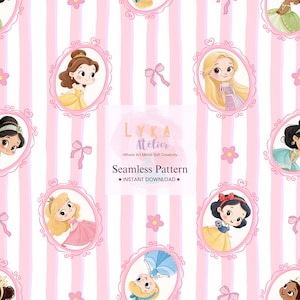 Puede incluir: Patrón sin costuras con princesas de dibujos animados en marcos ovalados sobre un fondo de rayas rosas y blancas. El diseño incluye lazos, flores y el texto "LYKA Atelier - Seamless Pattern - INSTANT DOWNLOAD."