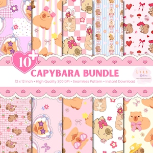 May include: A digital paper bundle featuring ten unique seamless patterns. The designs showcase adorable cartoon capybaras with flowers, bows, and accessories, set against pink and white backgrounds. Each pattern is 12 x 12 inches.