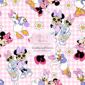May include: Seamless pattern featuring Minnie Mouse and Daisy Duck in various poses, wearing sunglasses and fashionable outfits. The design includes daisies on a pink gingham background. The text "Seamless Pattern" is visible.