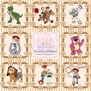 May include: Seamless pattern featuring cartoon characters, including a green dinosaur, Woody and Buzz Lightyear. The design includes a floral border and the text "Seamless Pattern - Instant Download."