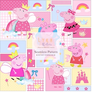 Pode incluir: Um padrão sem costura com porcos de desenho animado em várias poses, usando coroas, vestidos e segurando varinhas. O design inclui arco-íris, estrelas e um castelo, em um fundo de patchwork rosa, azul e amarelo. O texto "Seamless Pattern" também é visível.