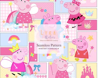 Pig Seamless Pattern, Pink Fairy Patchwork, Nursery Digital Paper (Digital Download)