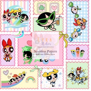 Puede incluir: Un patrón sin costuras con personajes de dibujos animados en varias poses y entornos. El diseño incluye el texto "LYKA Atelier - Seamless Pattern - INSTANT DOWNLOAD." La paleta de colores incluye rosa, verde, amarillo y azul.