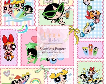 Cartoon Girl Trio Seamless Pattern, Retro Super Hero Characters, Kids Digital Paper (Digital Download)