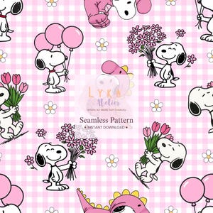 Puede incluir: Patrón sin costuras con personajes de Snoopy con flores, globos y un dinosaurio rosa sobre un fondo a cuadros rosa y blanco. También se ve el texto "Seamless Pattern" e "Instant Download".