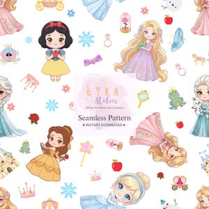 May include: A seamless pattern design with cartoon princesses such as Snow White, Belle, and Cinderella, alongside fairytale motifs like apples, crowns, and castles. The text "LYKA Atelier" and "Seamless Pattern - INSTANT DOWNLOAD" is also visible.